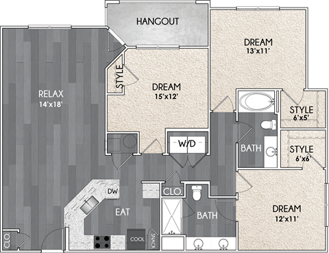 Floor plan for 3 beds, 2 baths, 1409 sqft